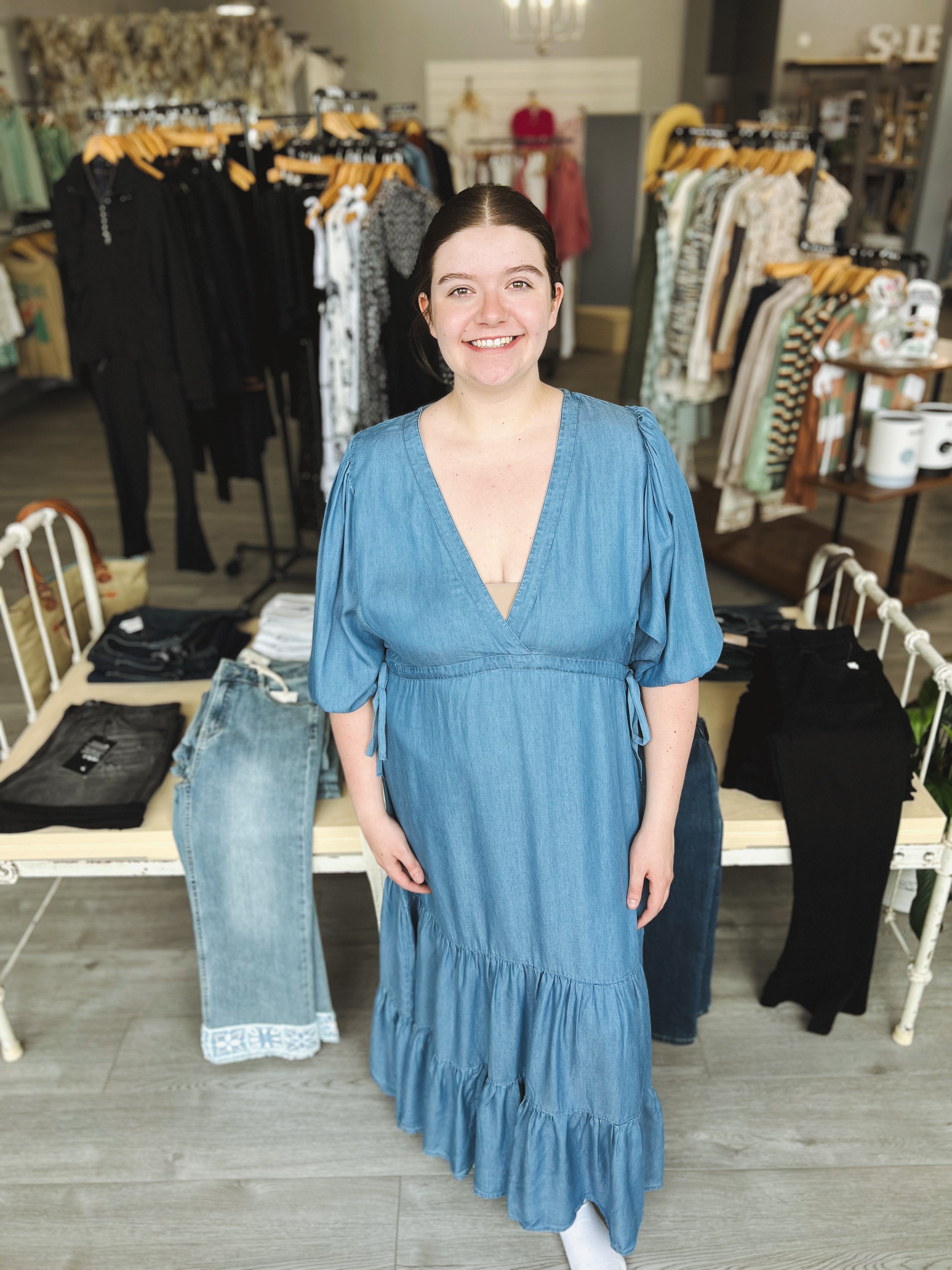Faux Denim Dress W/ 3/4 Length Sleeves Faux Denim Dress W/ 3/4 Length Sleeves